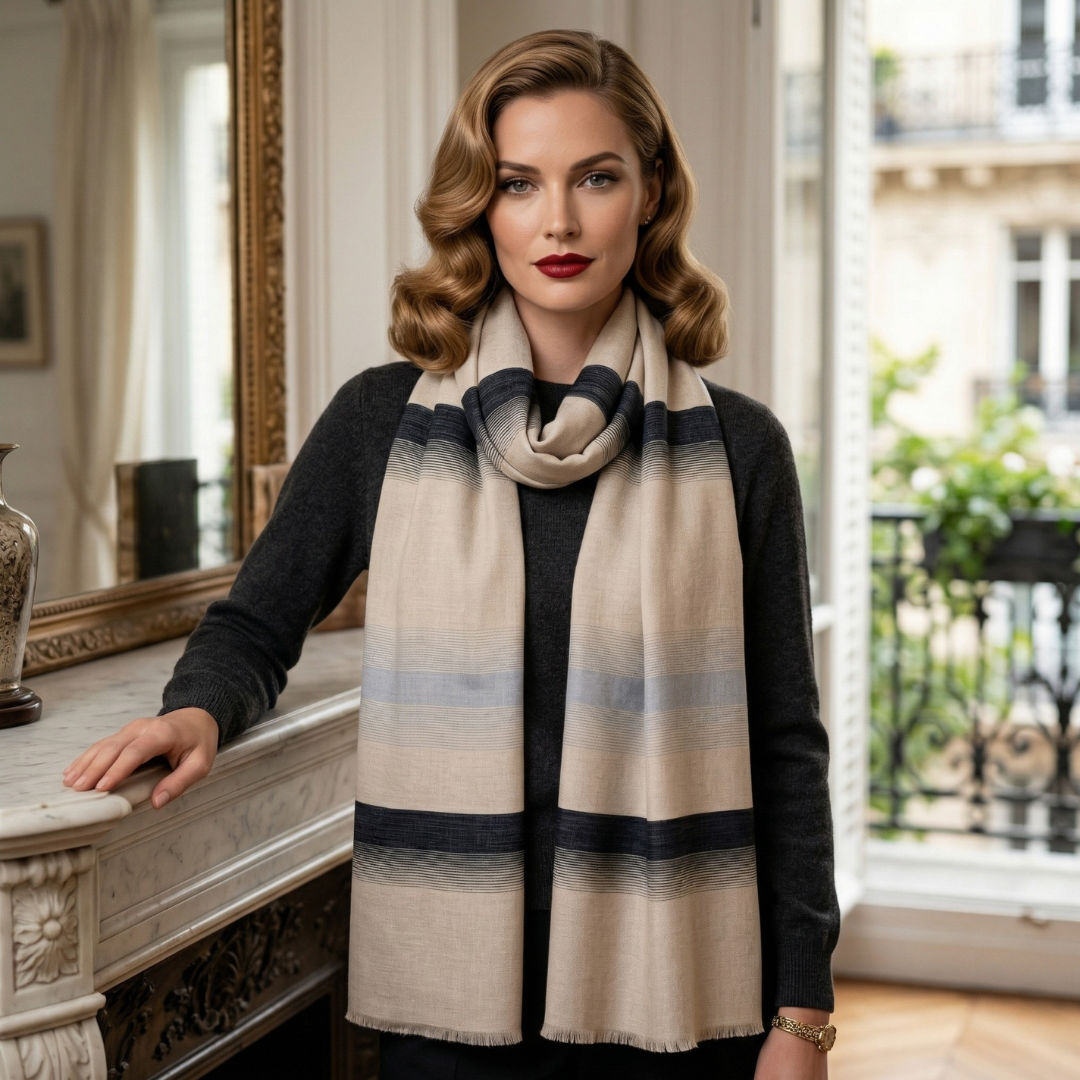 Beige Wool Scarf With Bold Stripes Scarf